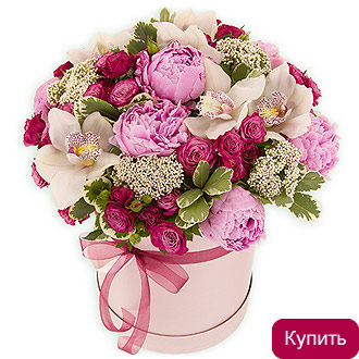 Орхидеи и пионы в шляпной коробке