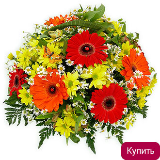 Герберы и хризантемы в корзине